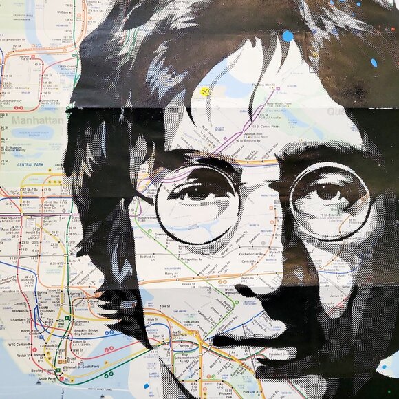 Handpainted John Lennon Beatles Unique Acrylic Art painted on a NYC Subway Map - Picture 3 of 6